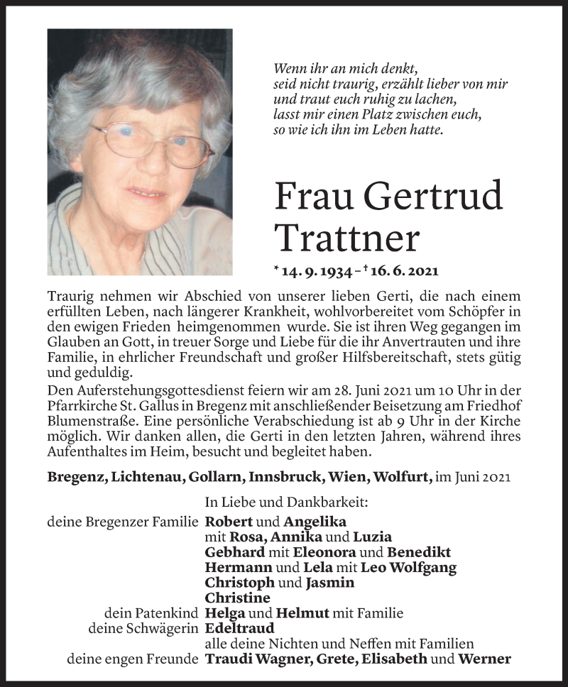  Todesanzeige für Gertrud Trattner vom 23.06.2021 aus Vorarlberger Nachrichten