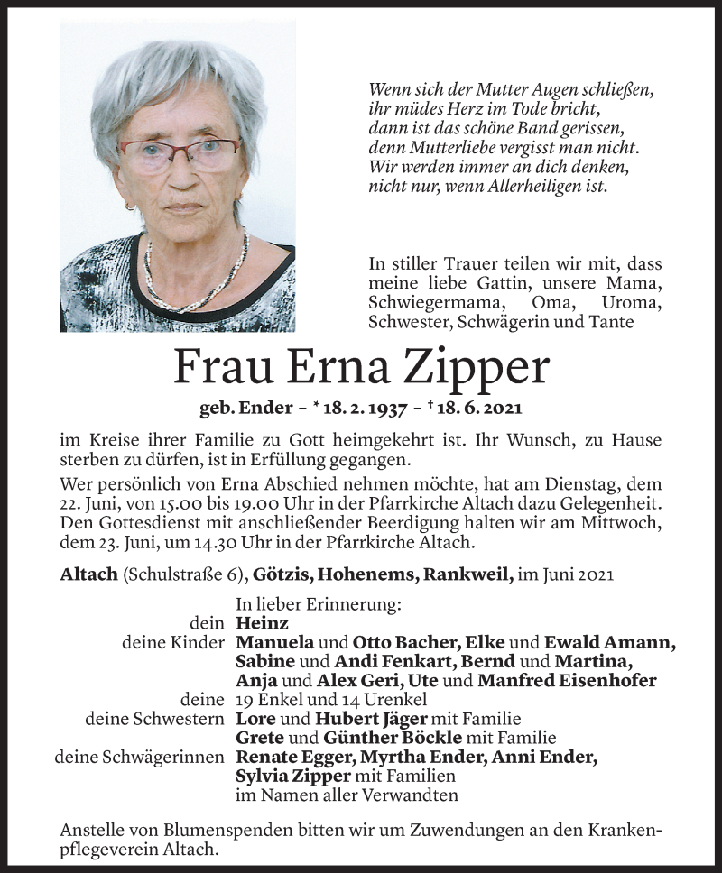  Todesanzeige für Erna Zipper vom 21.06.2021 aus Vorarlberger Nachrichten