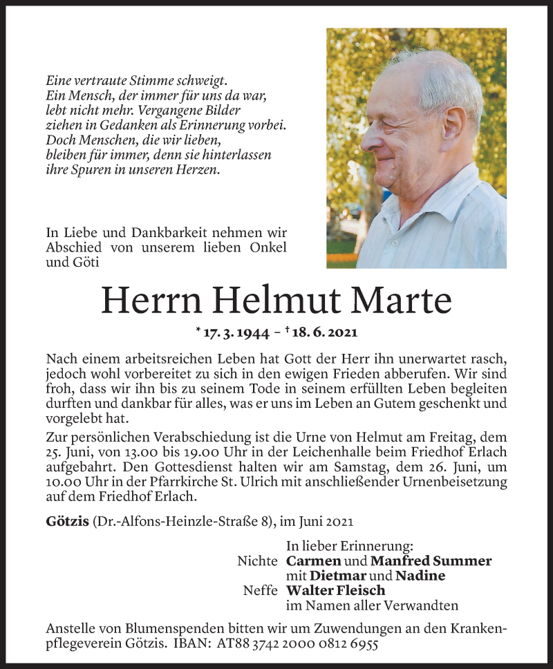  Todesanzeige für Helmut Marte vom 23.06.2021 aus Vorarlberger Nachrichten
