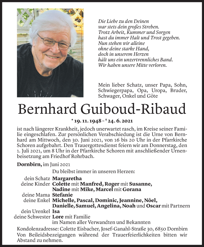  Todesanzeige für Bernhard Guiboud-Ribaud vom 28.06.2021 aus Vorarlberger Nachrichten