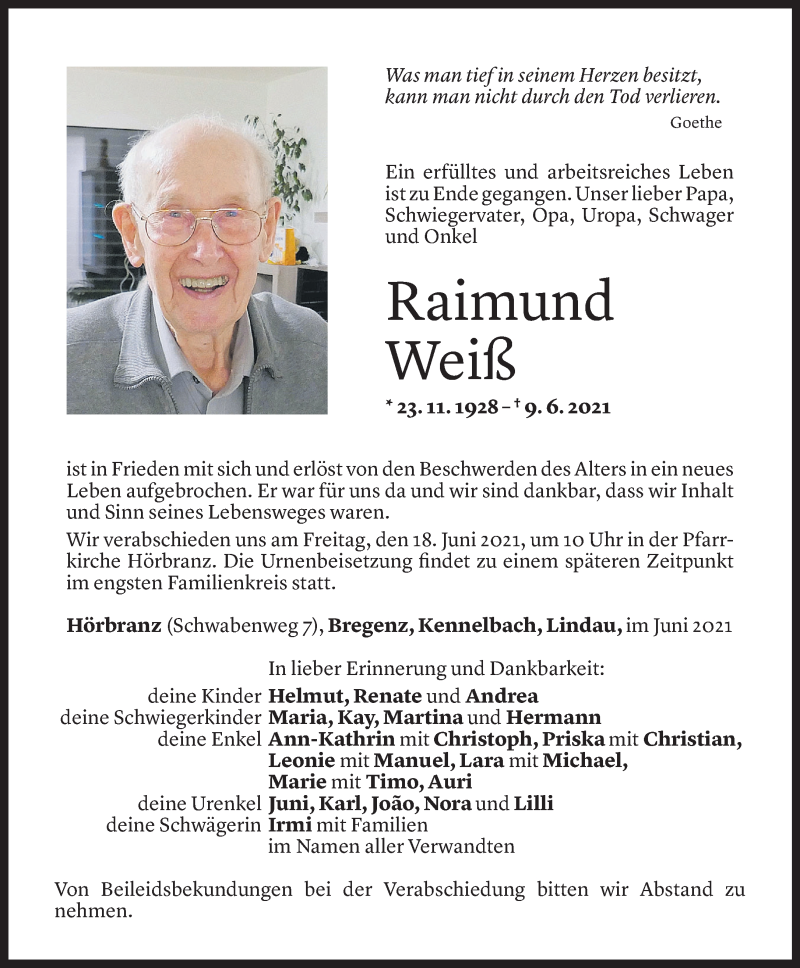  Todesanzeige für Raimund Weiß vom 15.06.2021 aus Vorarlberger Nachrichten