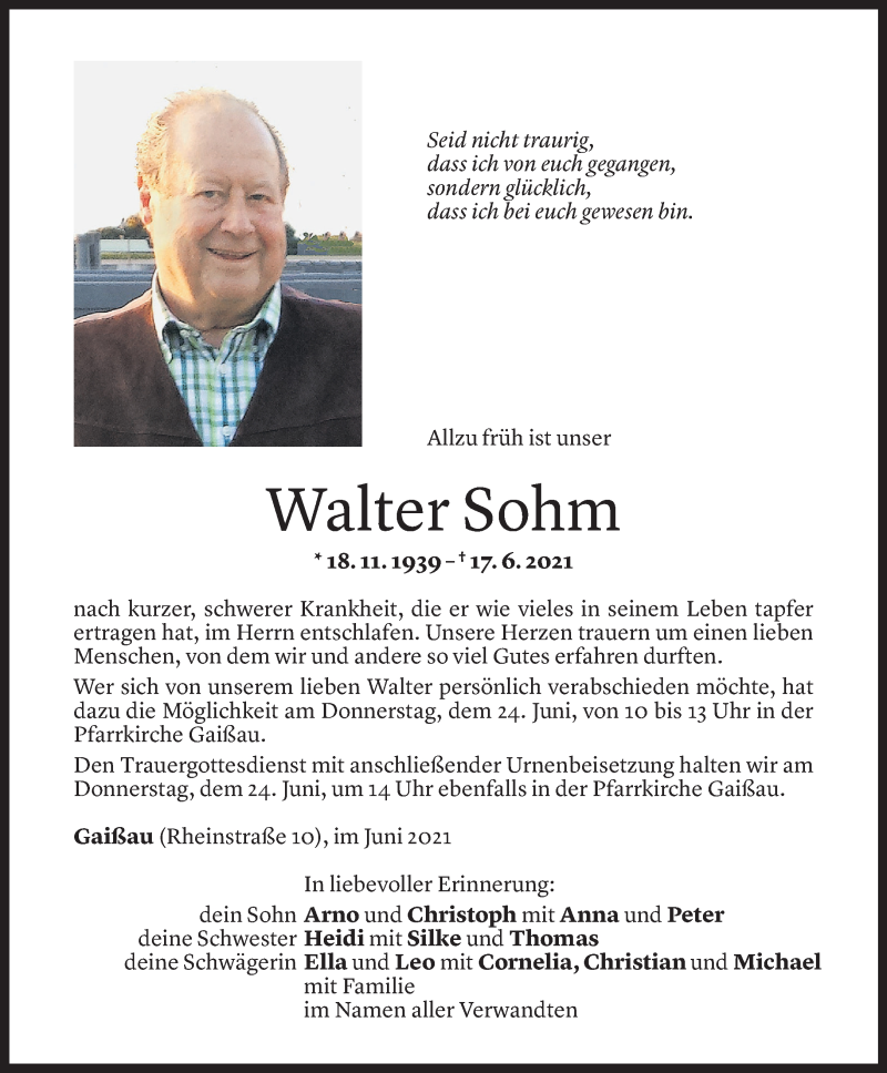  Todesanzeige für Walter Sohm vom 21.06.2021 aus Vorarlberger Nachrichten