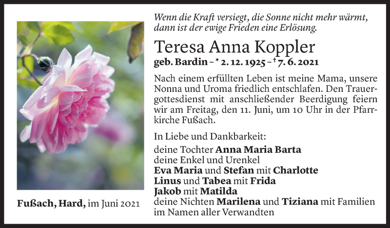  Todesanzeige für Teresa Anna Koppler vom 08.06.2021 aus Vorarlberger Nachrichten