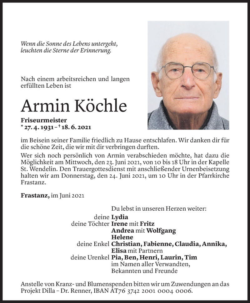  Todesanzeige für Armin  Köchle vom 20.06.2021 aus Vorarlberger Nachrichten