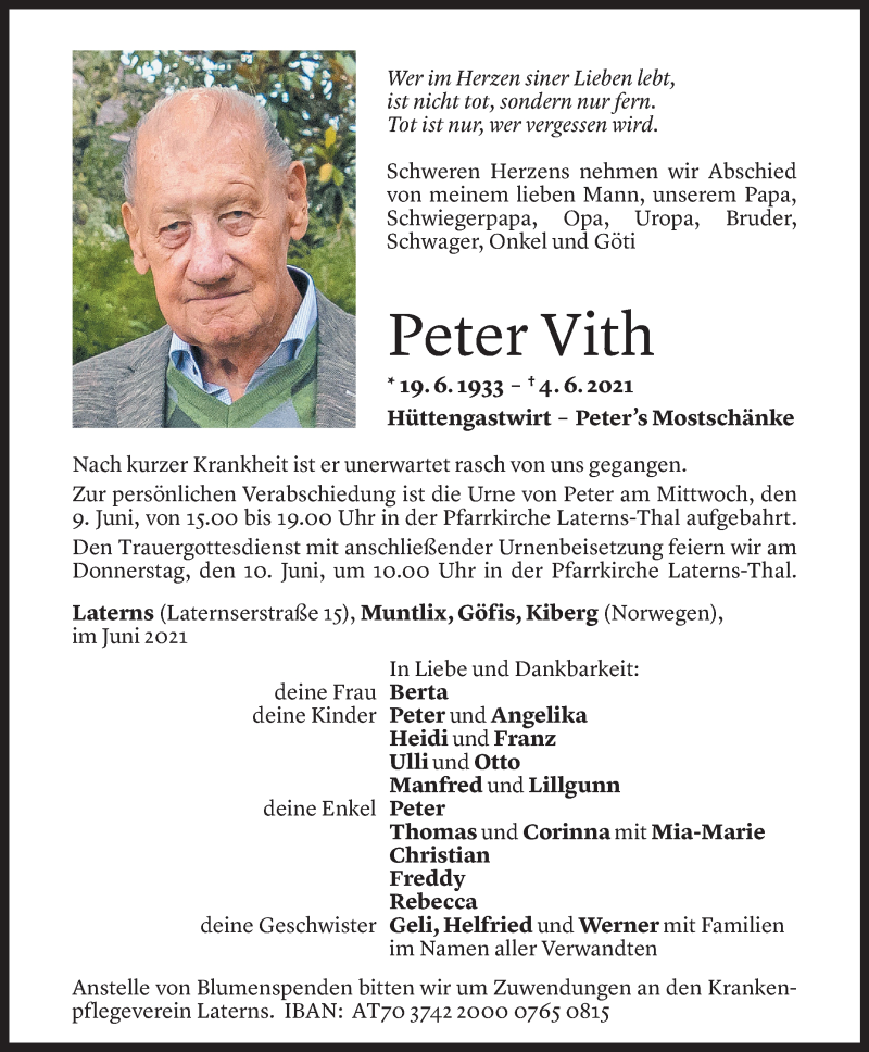  Todesanzeige für Peter Vith vom 08.06.2021 aus Vorarlberger Nachrichten