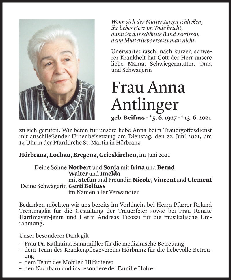  Todesanzeige für Anna Antlinger vom 18.06.2021 aus Vorarlberger Nachrichten