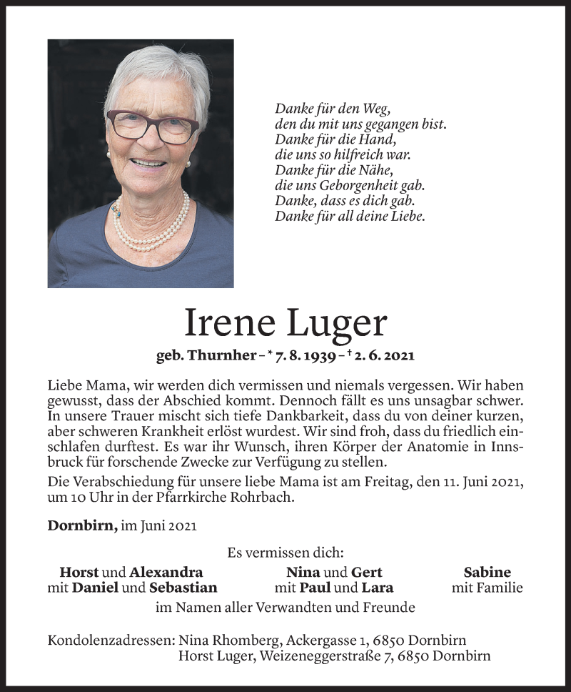  Todesanzeige für Irene Luger vom 07.06.2021 aus Vorarlberger Nachrichten