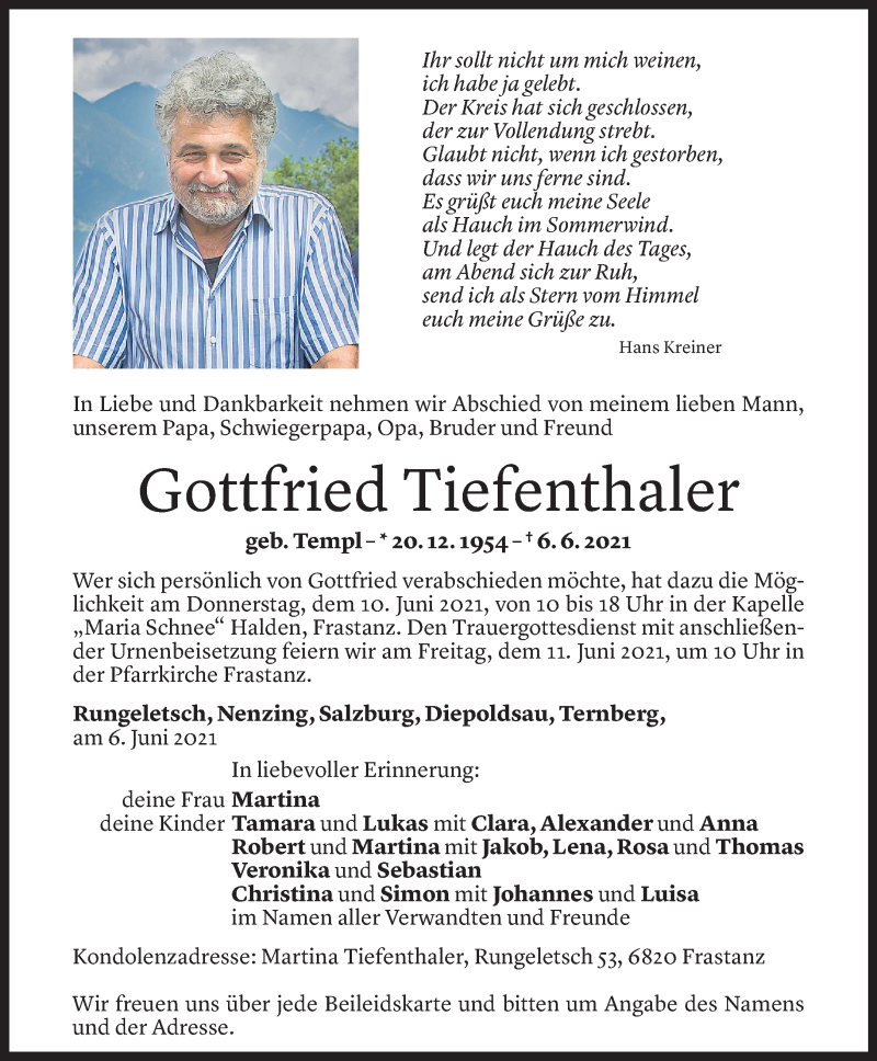  Todesanzeige für Gottfried Tiefenthaler vom 07.06.2021 aus Vorarlberger Nachrichten