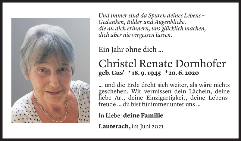  Todesanzeige für Christel Renate Dornhofer vom 18.06.2021 aus Vorarlberger Nachrichten