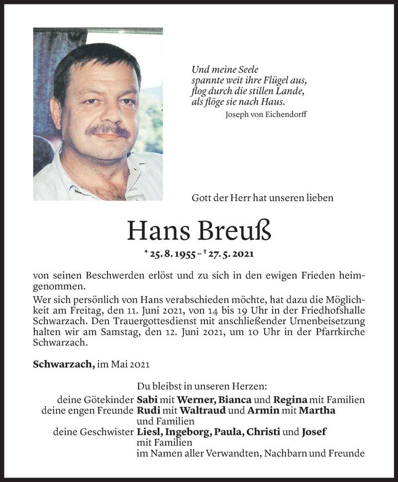  Todesanzeige für Hans Breuß vom 08.06.2021 aus Vorarlberger Nachrichten