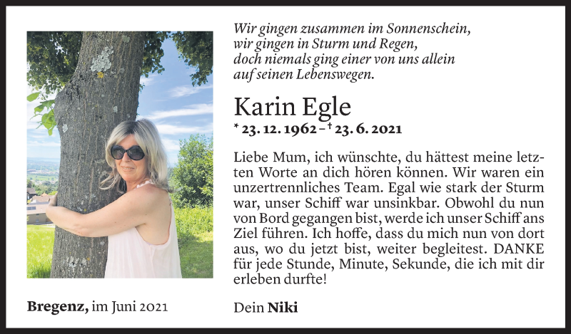  Todesanzeige für Karin Egle vom 27.06.2021 aus Vorarlberger Nachrichten