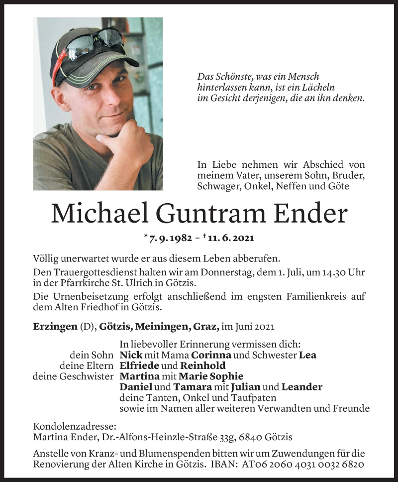  Todesanzeige für Michael Guntram Ender vom 29.06.2021 aus Vorarlberger Nachrichten