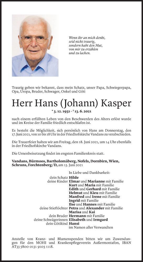  Todesanzeige für Johann Kasper vom 15.06.2021 aus Vorarlberger Nachrichten