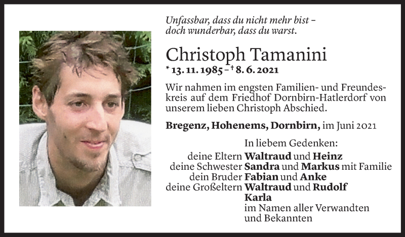  Todesanzeige für Christoph Tamanini vom 18.06.2021 aus vorarlberger nachrichten