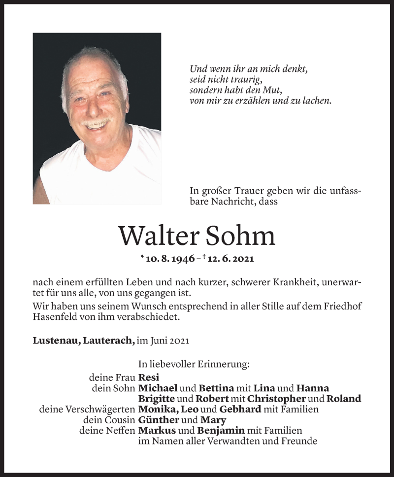  Todesanzeige für Walter Sohm vom 17.06.2021 aus Vorarlberger Nachrichten
