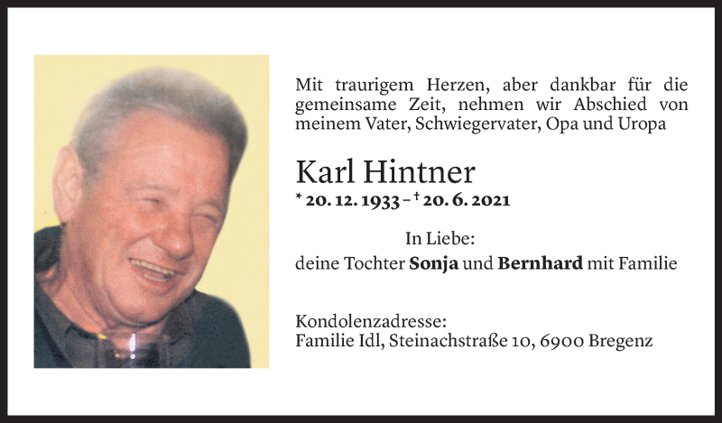  Todesanzeige für Karl Hintner vom 28.06.2021 aus Vorarlberger Nachrichten