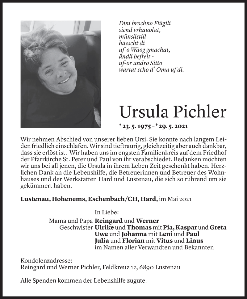  Todesanzeige für Ursula Pichler vom 03.06.2021 aus Vorarlberger Nachrichten
