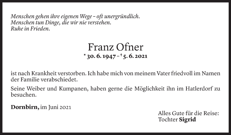  Todesanzeige für Franz Ofner vom 12.06.2021 aus Vorarlberger Nachrichten