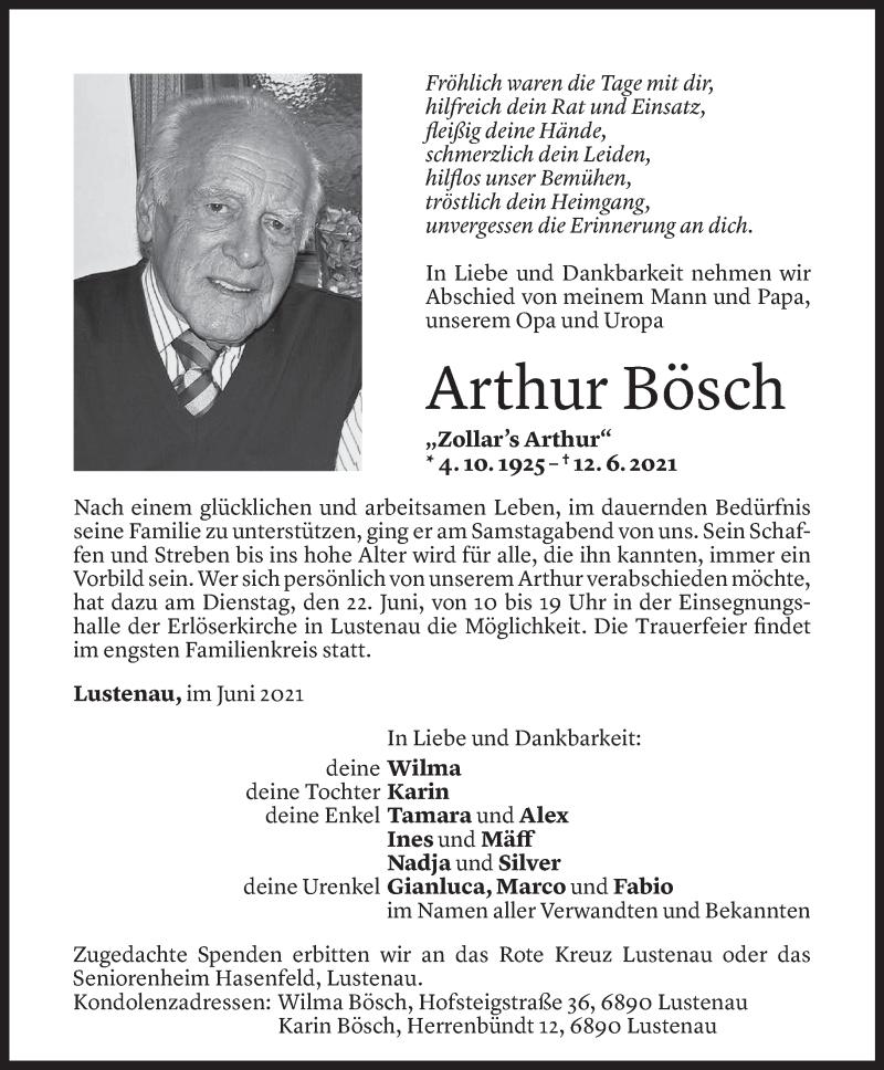  Todesanzeige für Arthur Bösch vom 18.06.2021 aus Vorarlberger Nachrichten