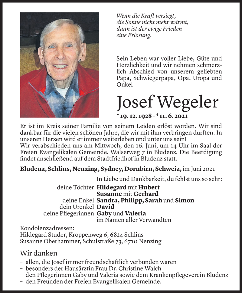  Todesanzeige für Josef Wegeler vom 14.06.2021 aus Vorarlberger Nachrichten
