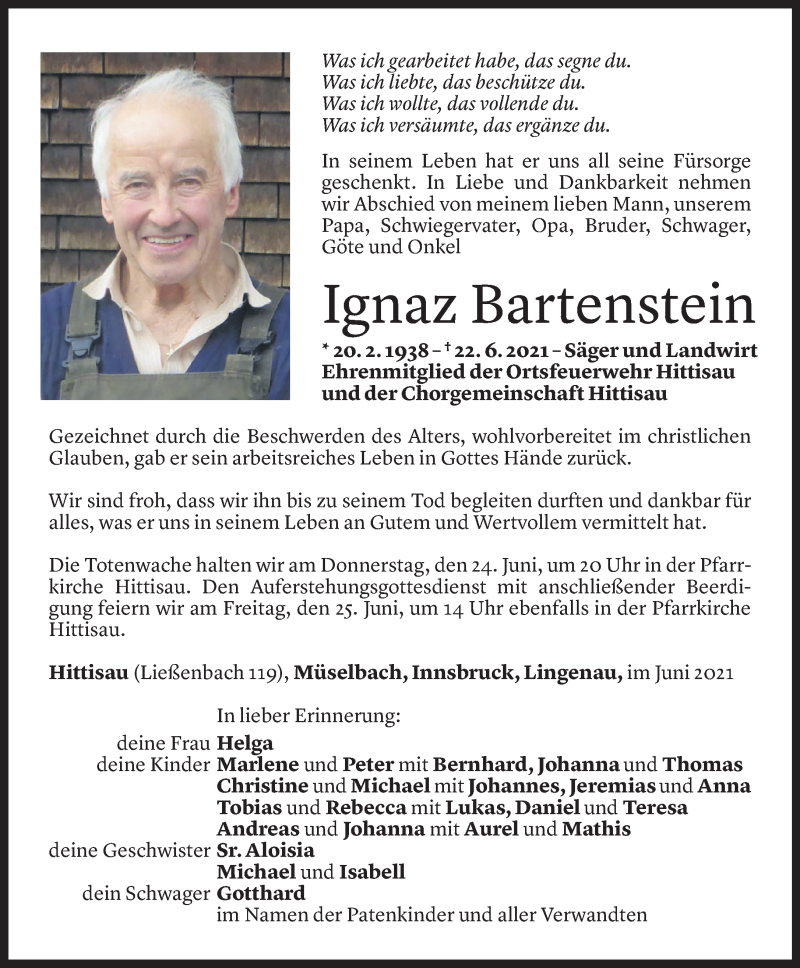  Todesanzeige für Ignaz Bartenstein vom 22.06.2021 aus Vorarlberger Nachrichten