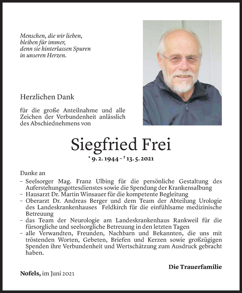  Todesanzeige für Siegfried Frei vom 20.06.2021 aus Vorarlberger Nachrichten