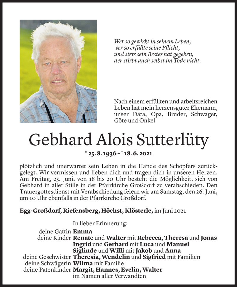 Todesanzeige für Gebhard Alois Sutterlüty vom 23.06.2021 aus Vorarlberger Nachrichten
