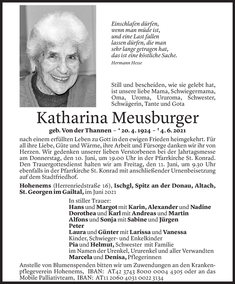  Todesanzeige für Katharina Meusburger vom 08.06.2021 aus Vorarlberger Nachrichten