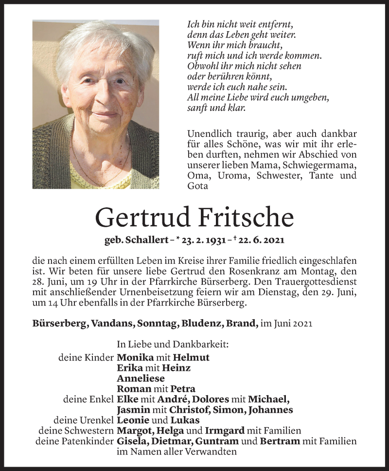  Todesanzeige für Gertrud Fritsche vom 26.06.2021 aus Vorarlberger Nachrichten