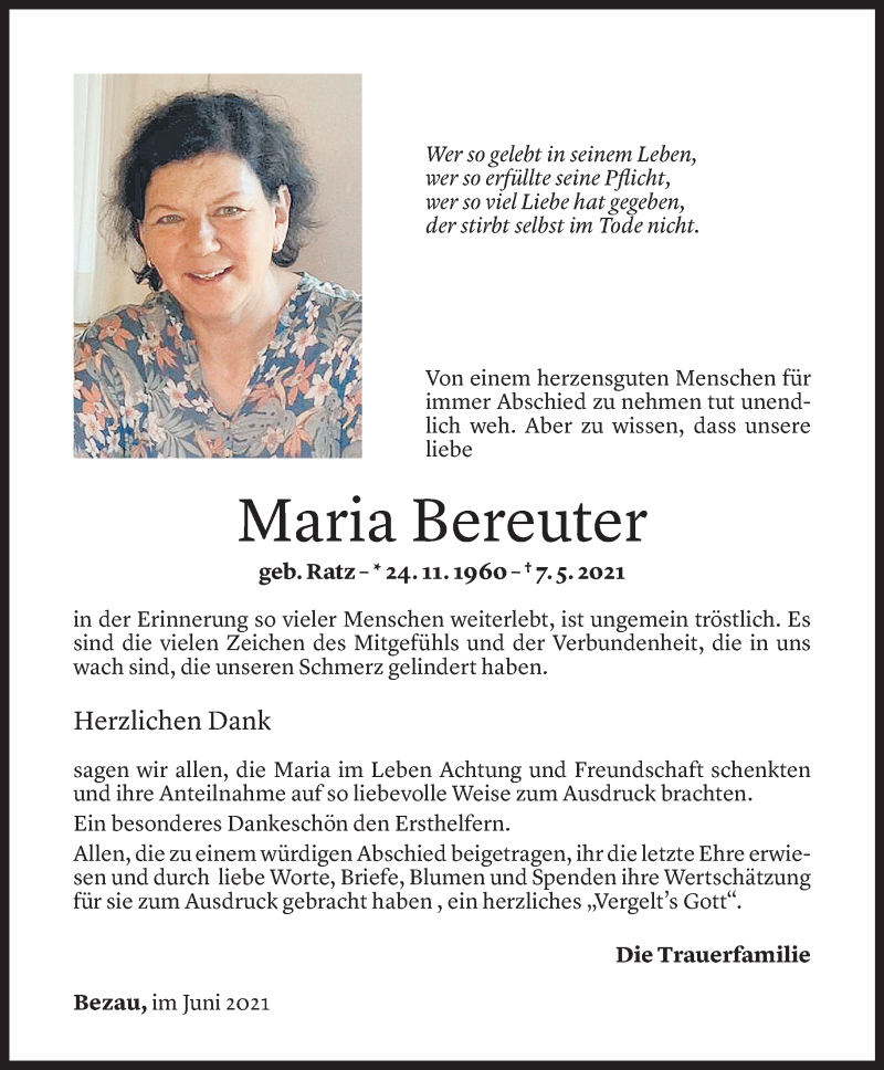  Todesanzeige für Maria Bereuter vom 10.06.2021 aus Vorarlberger Nachrichten
