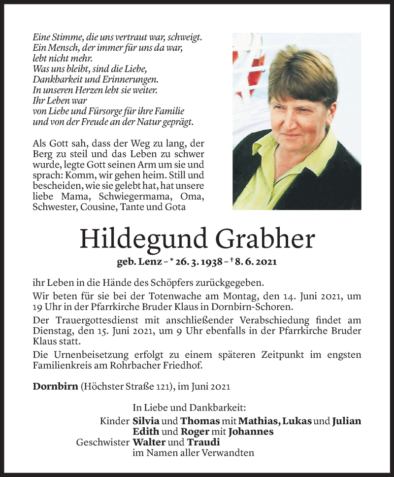  Todesanzeige für Hildegund Grabher vom 11.06.2021 aus Vorarlberger Nachrichten