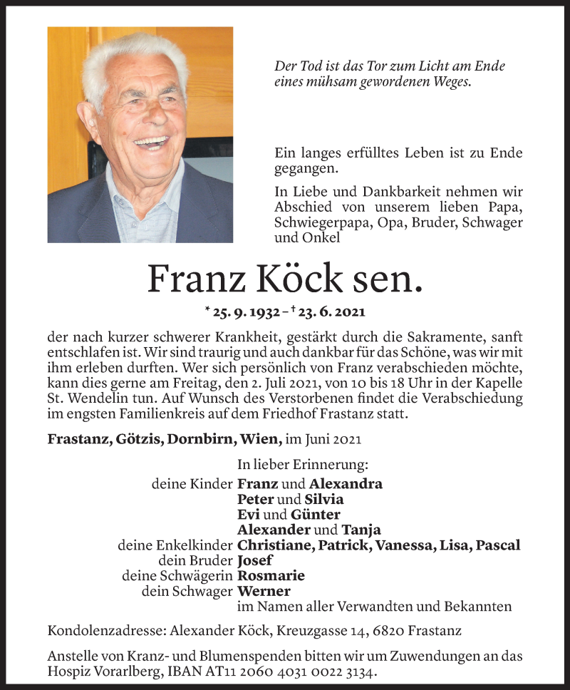  Todesanzeige für Franz Köck vom 30.06.2021 aus Vorarlberger Nachrichten
