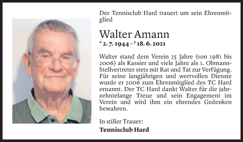  Todesanzeige für Walter Amann vom 28.06.2021 aus Vorarlberger Nachrichten