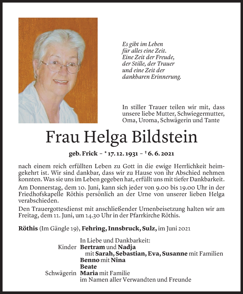  Todesanzeige für Helga Bildstein vom 08.06.2021 aus Vorarlberger Nachrichten