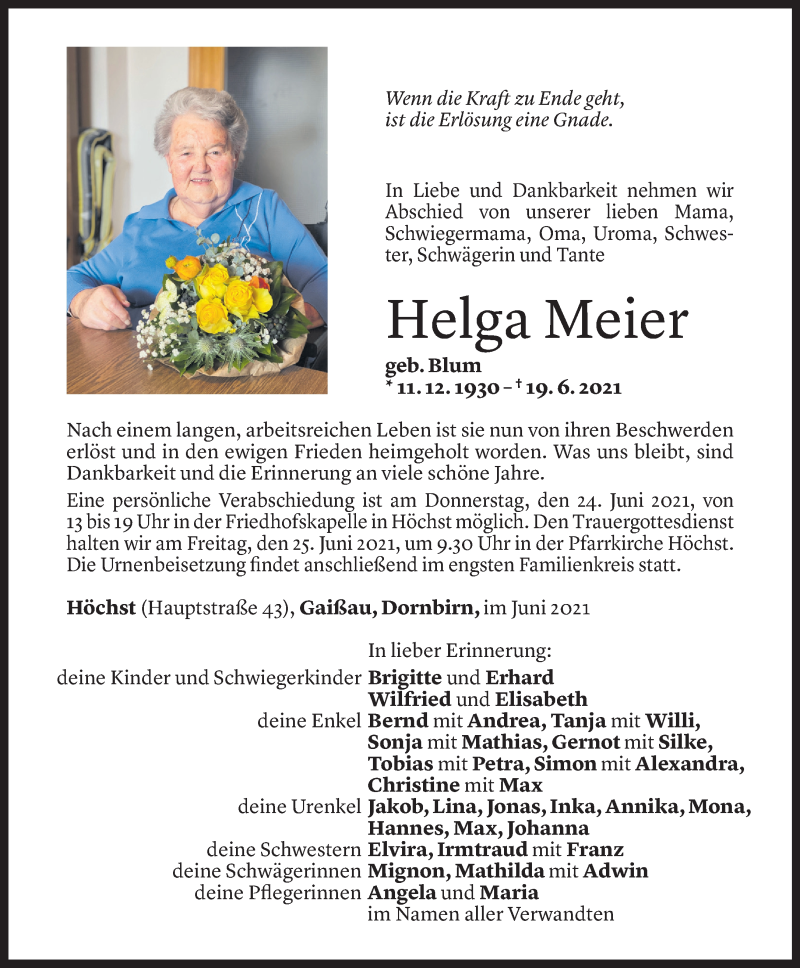  Todesanzeige für Helga Meier vom 22.06.2021 aus Vorarlberger Nachrichten