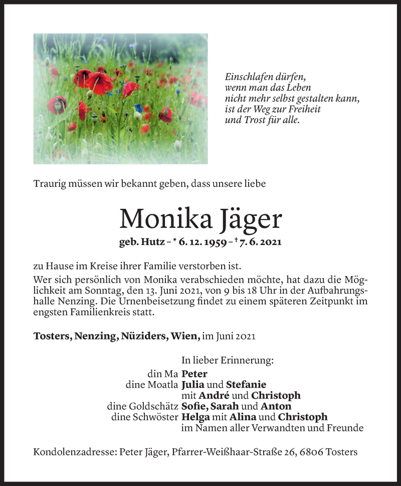  Todesanzeige für Monika Jäger vom 10.06.2021 aus Vorarlberger Nachrichten