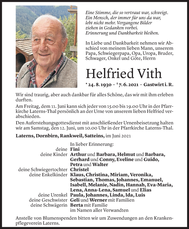  Todesanzeige für Helfried Vith vom 10.06.2021 aus Vorarlberger Nachrichten