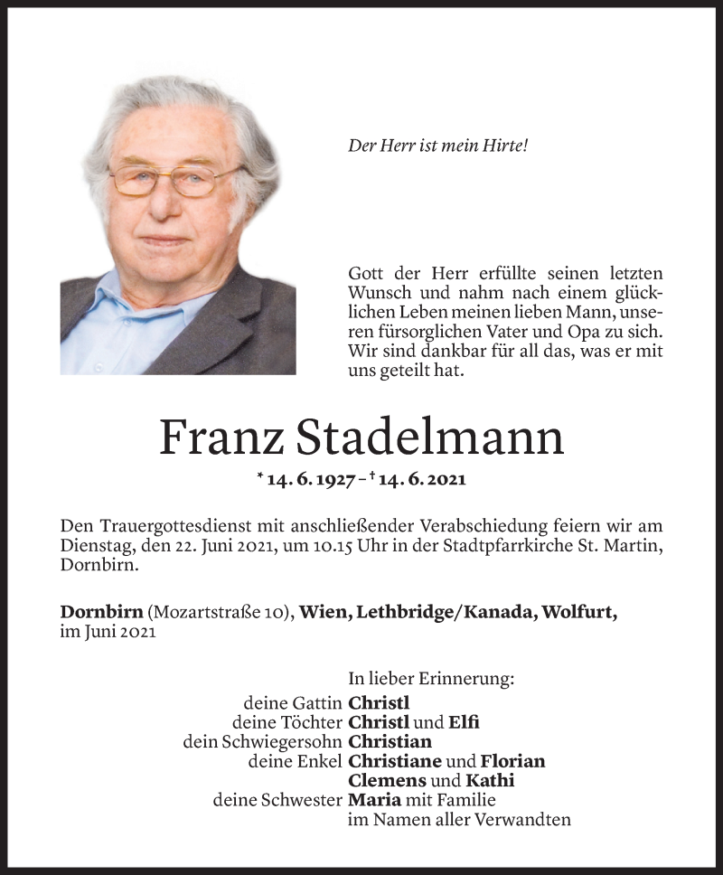  Todesanzeige für Franz Stadelmann vom 18.06.2021 aus Vorarlberger Nachrichten