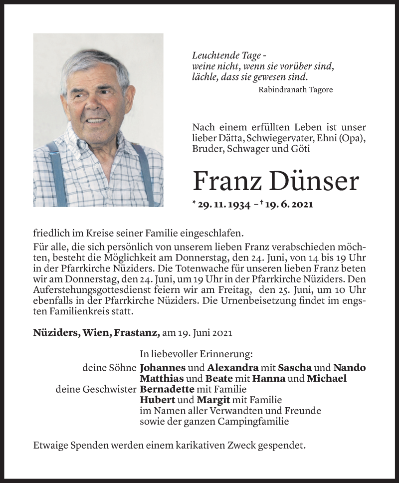  Todesanzeige für Franz Dünser vom 21.06.2021 aus Vorarlberger Nachrichten