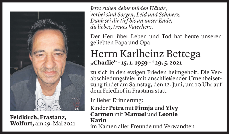  Todesanzeige für Karlheinz Bettega vom 09.06.2021 aus Vorarlberger Nachrichten