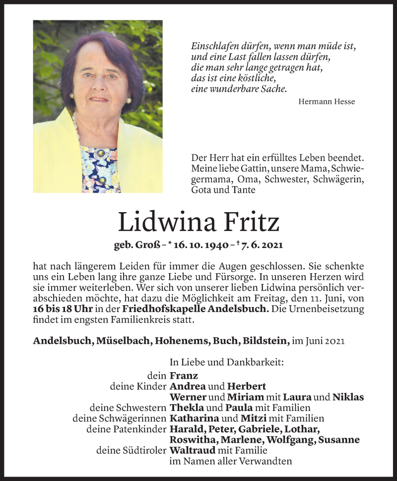  Todesanzeige für Lidwina Fritz vom 09.06.2021 aus Vorarlberger Nachrichten