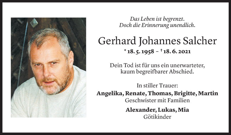  Todesanzeige für Gerhard Johannes Salcher vom 24.06.2021 aus vorarlberger nachrichten