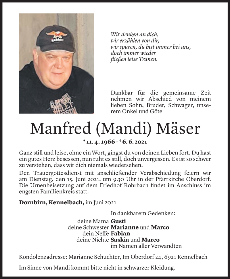  Todesanzeige für Manfred Mäser vom 11.06.2021 aus Vorarlberger Nachrichten