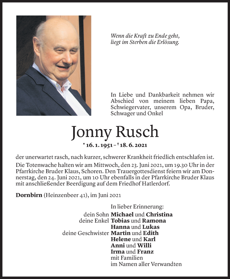  Todesanzeige für Jonny Rusch vom 21.06.2021 aus Vorarlberger Nachrichten