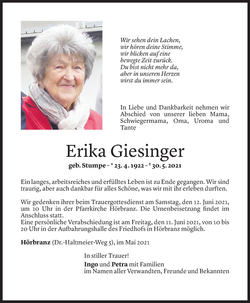 Todesanzeigen von Erika Giesinger | Todesanzeigen Vorarlberger Nachrichten