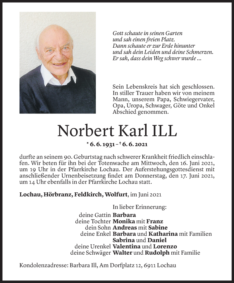  Todesanzeige für Norbert Ill vom 11.06.2021 aus Vorarlberger Nachrichten