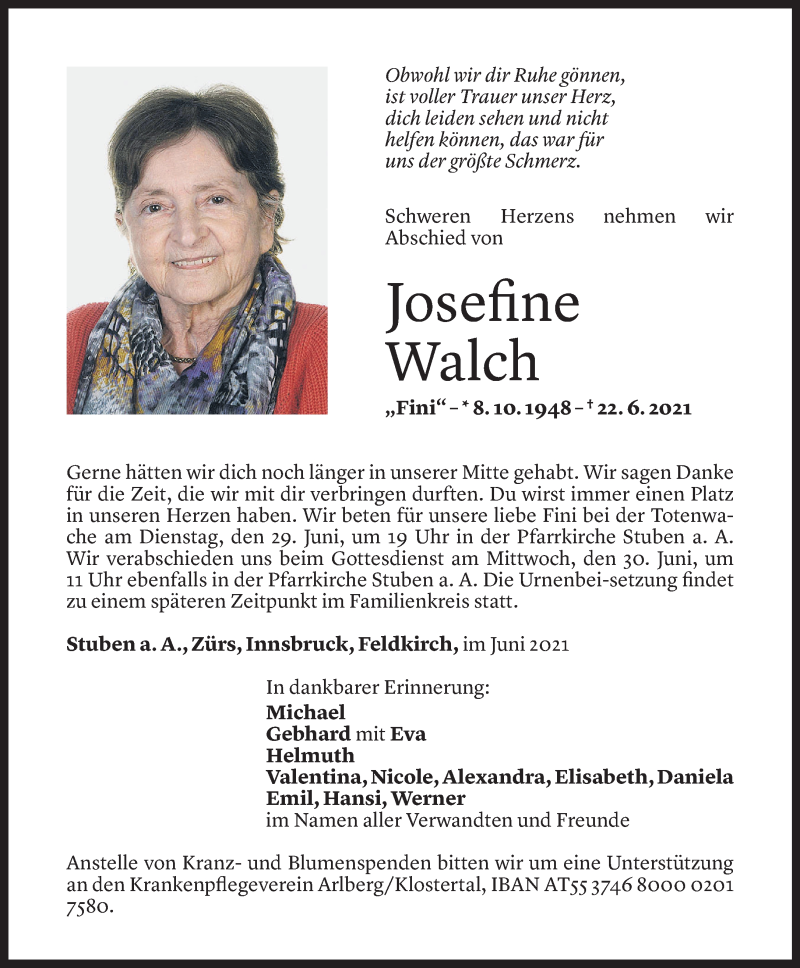 Todesanzeige für Josefine Walch vom 26.06.2021 aus Vorarlberger Nachrichten