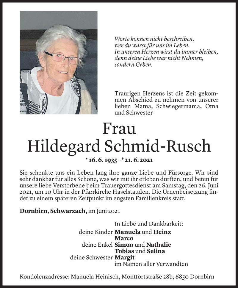  Todesanzeige für Hildegard Schmid-Rusch vom 23.06.2021 aus Vorarlberger Nachrichten