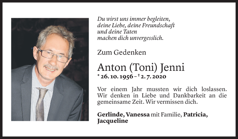  Todesanzeige für Anton Jenni vom 01.07.2021 aus Vorarlberger Nachrichten