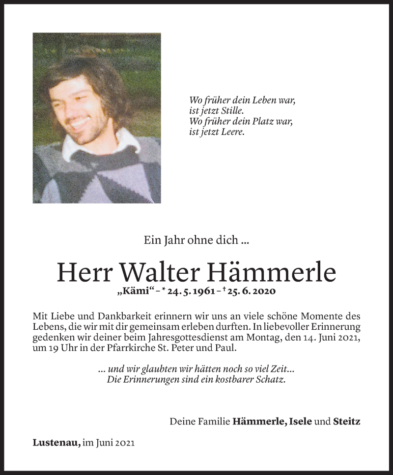  Todesanzeige für Walter Hämmerle vom 12.06.2021 aus Vorarlberger Nachrichten